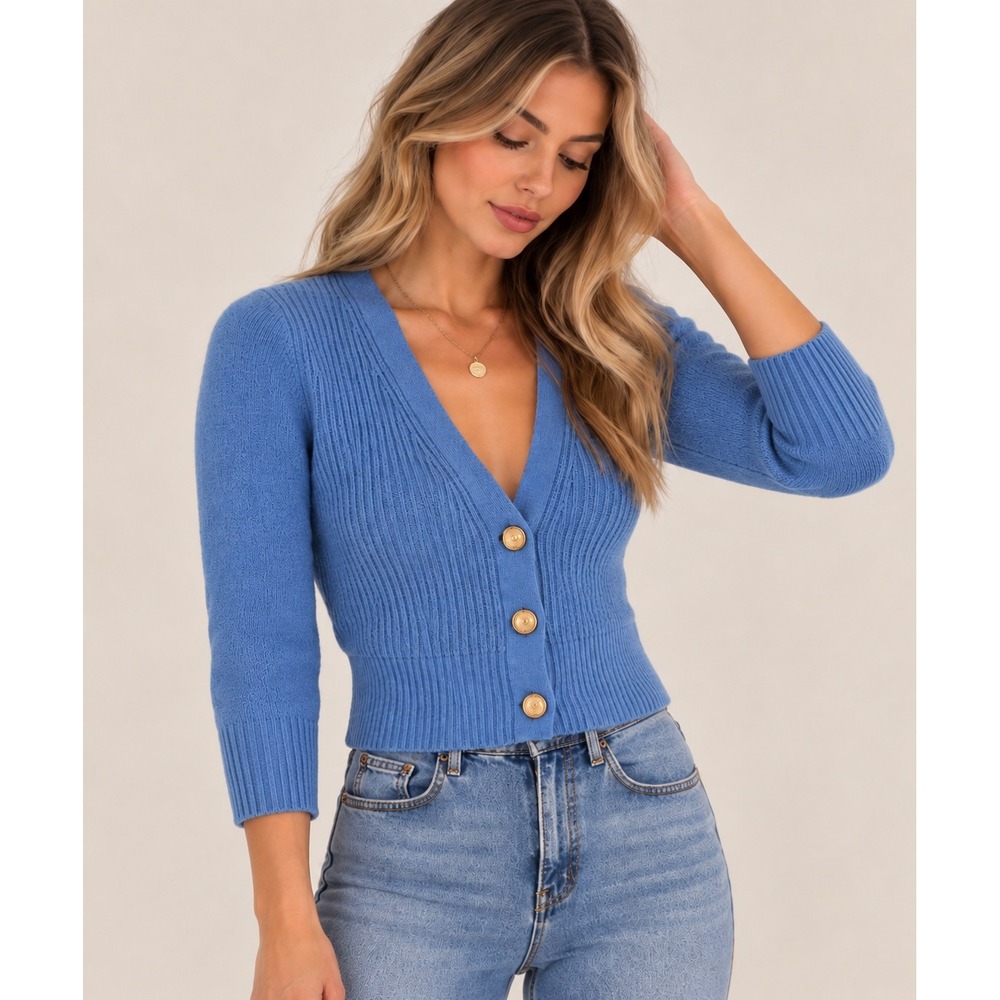 St. John Blue Ribbed Knit Cropped Cardigan Gold Button V-Neck Size XS